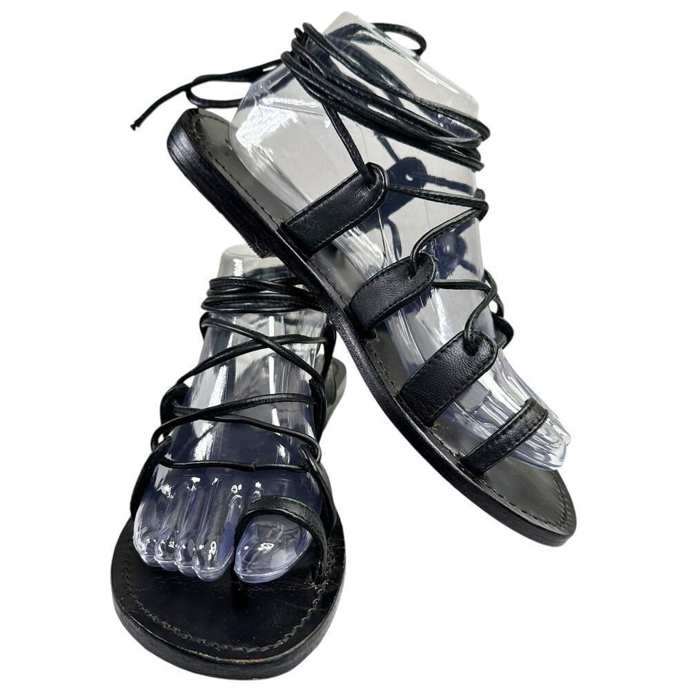 Johnny Was Santa Barbara Lace Up Leather Sandals Black Women 9